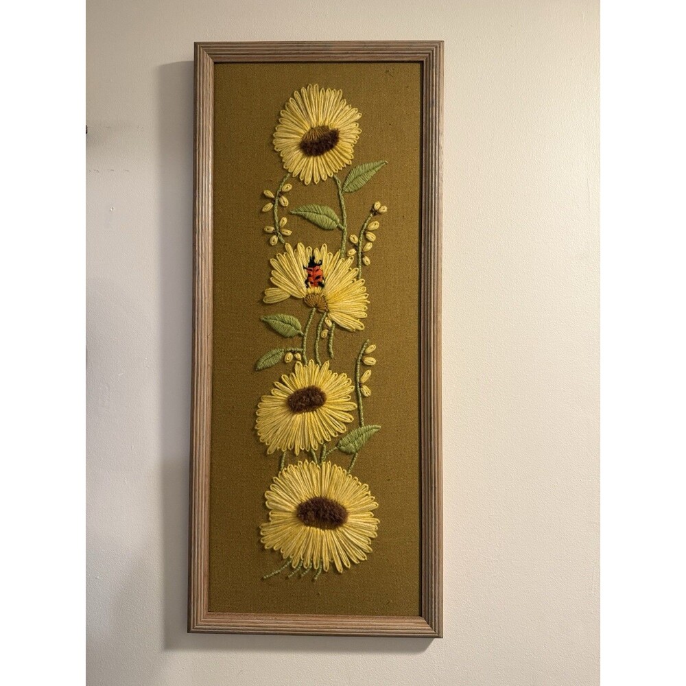Vintage Sunflower and Lady Bug Crewel Art 30” Tall X 15-1/2” Wide Needlepoint